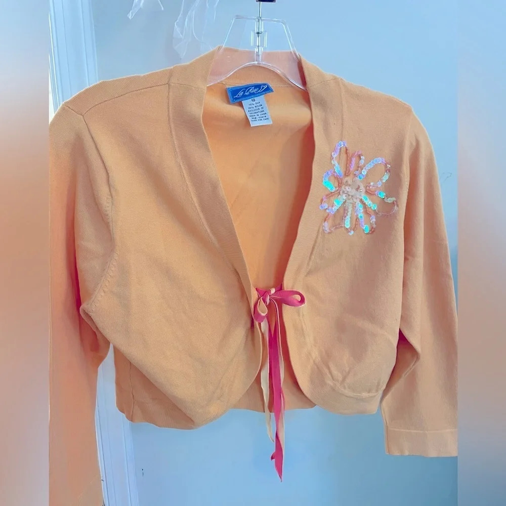 LaRue 39 Silk cropped bolero sz 10. Sequenced flower & ribbon closure in orange
